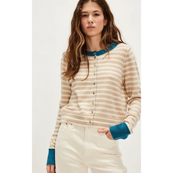 FREE PEOPLE WAVES COMBO NOCTURNAL STRIPE CASHMERE BLEND CARDI CARDIGAN SWEATER S - Picture 1 of 6